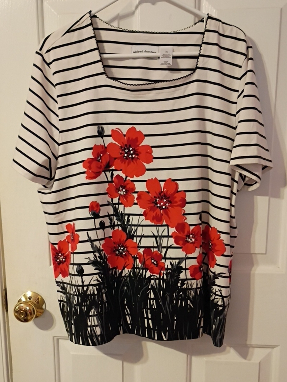 Alfred Dunner White Black Striped Short Sleeve Top with Red Floral Border